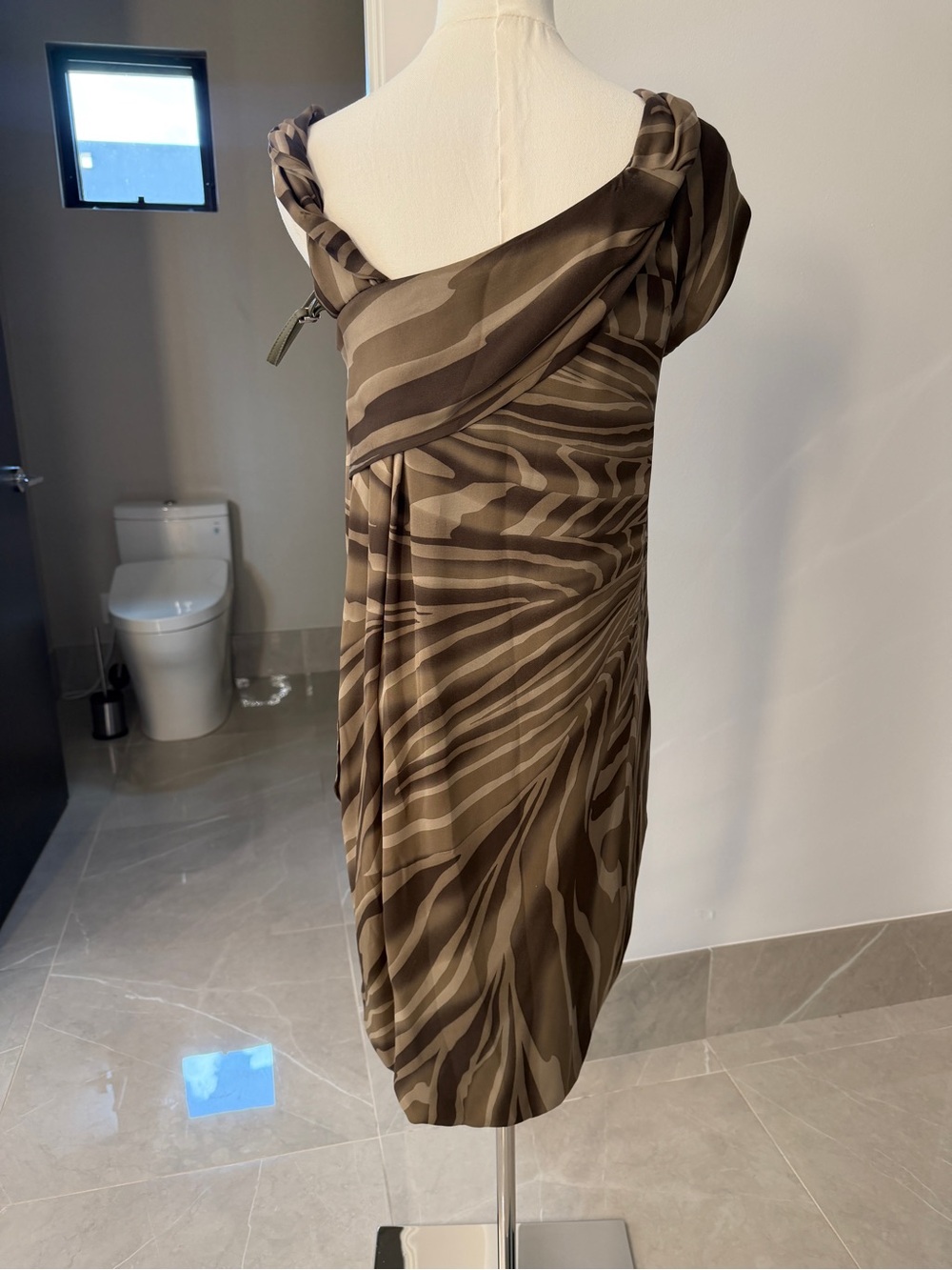 Tim Ford for Gucci Off Shoulder Olive Zebra-Print Dress